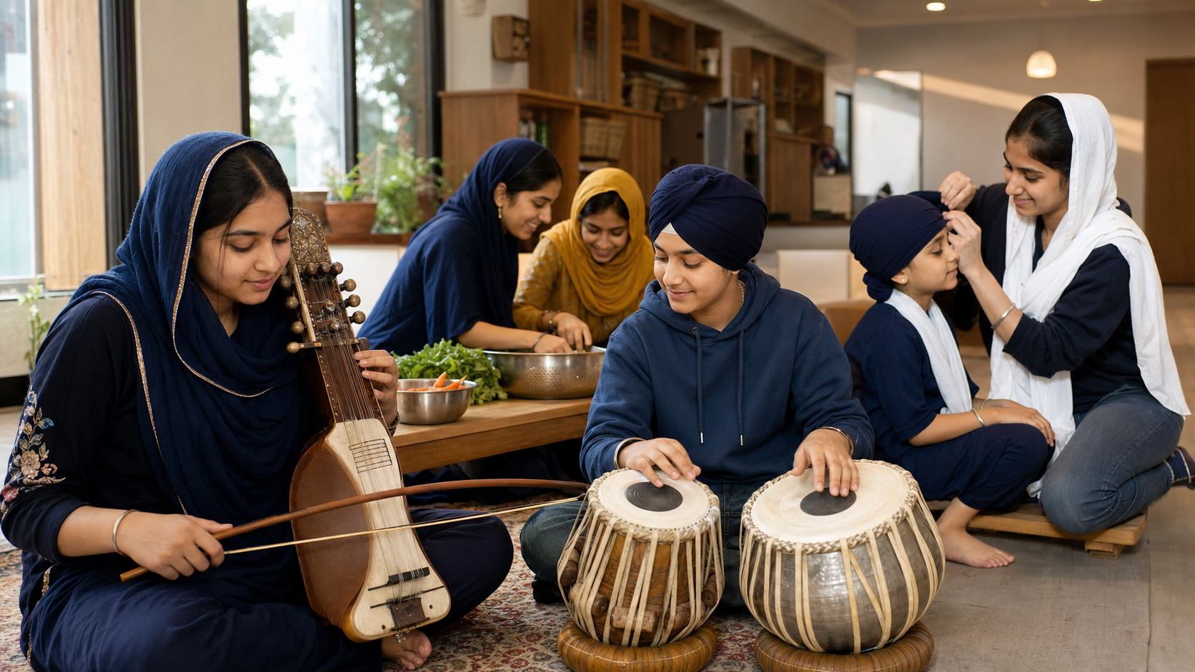 Sikh young people practice music, prepare langar ingredients, and help a child with a head covering in a shared gurdwara activity room.