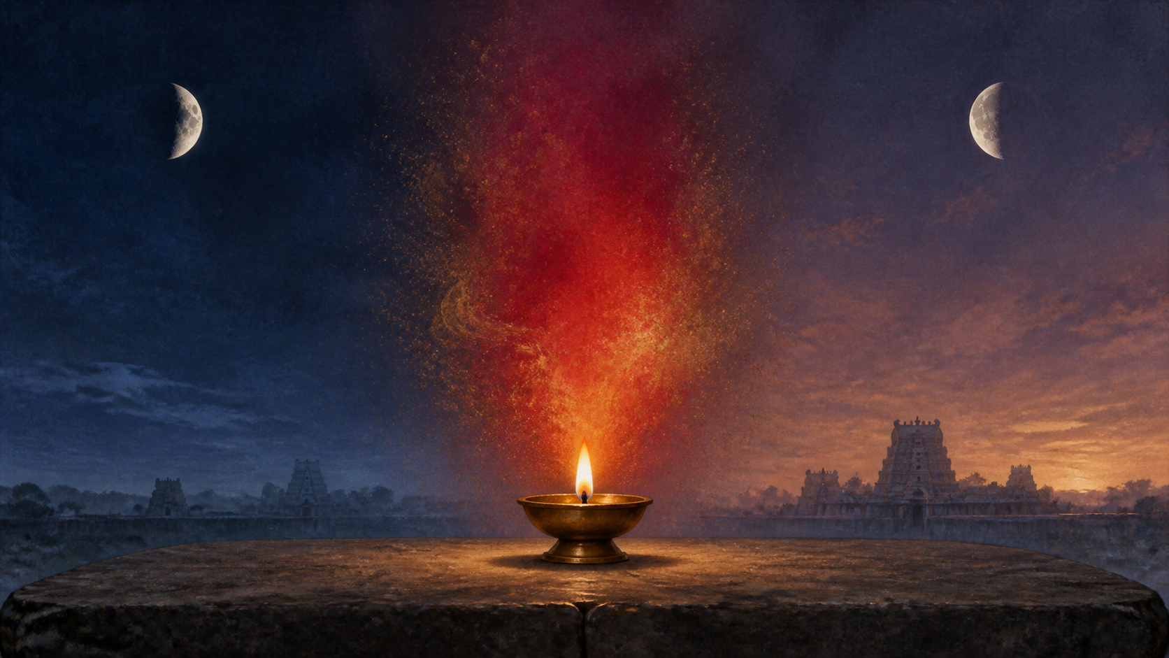 A brass oil lamp stands before a crimson and gold radiance, with a waxing moon and a waning moon in the twilight sky above a distant temple silhouette.