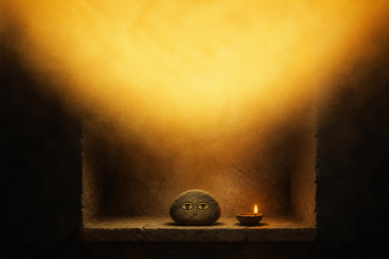 A small stone sacred form with painted eyes rests in a shrine niche that opens into a broad field of golden light.