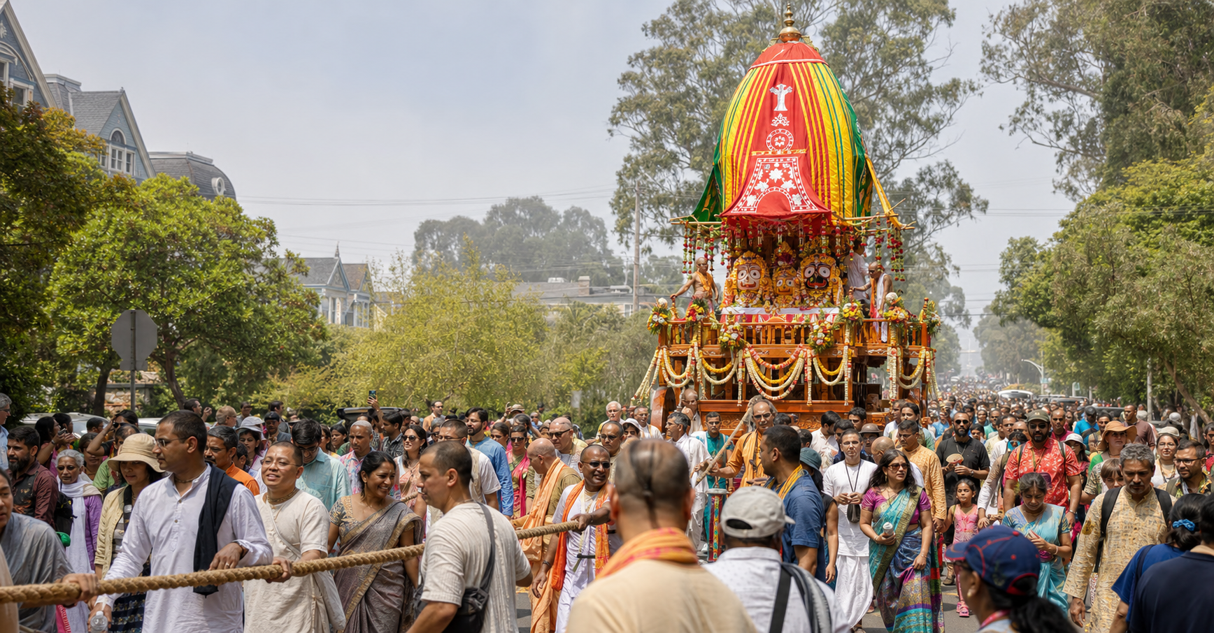 A decorated religious chariot moves through a tree-lined San Francisco street as a diverse crowd walks beside it and pulls a ceremonial rope.