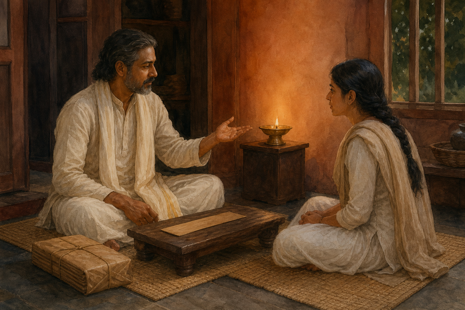 An adult teacher and student sit beside a small lamp and a wrapped bundle of palm-leaf manuscripts in a quiet traditional interior.