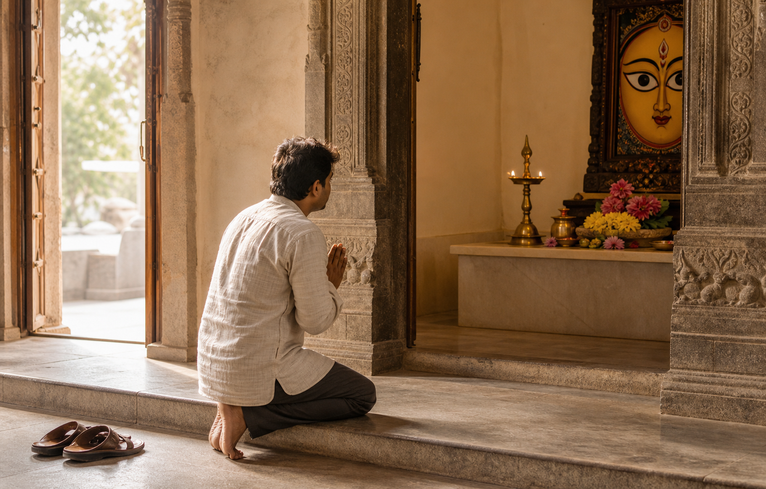 A barefoot visitor with joined hands pauses at the threshold of a Hindu shrine containing a devotional image with painted eyes.