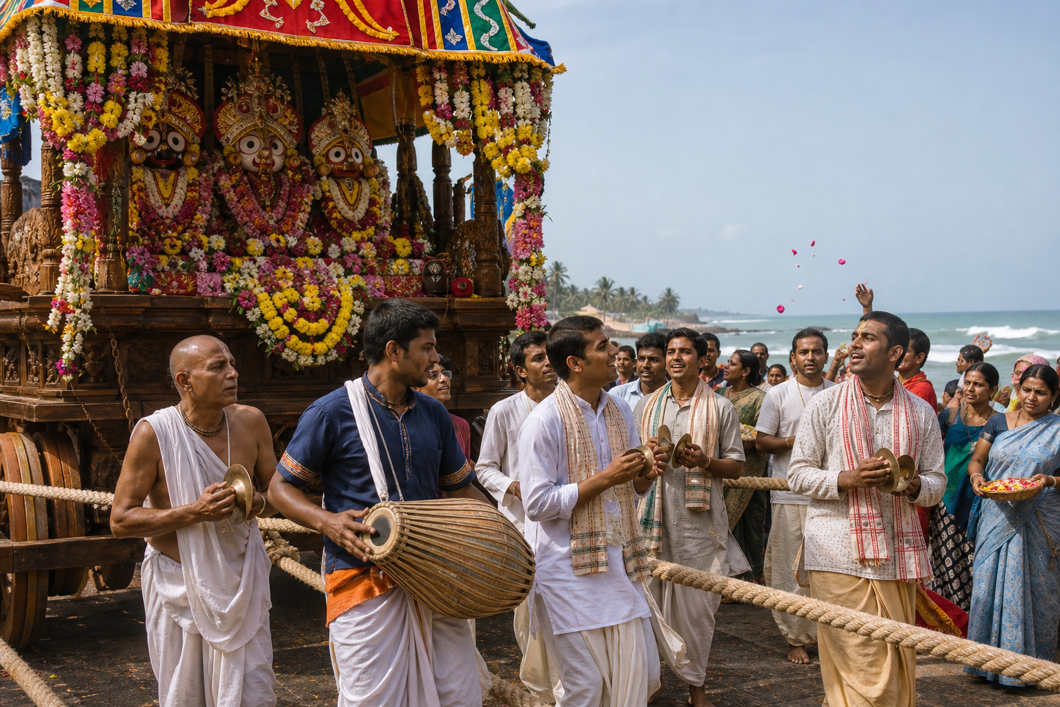 Devotees sing, play hand cymbals and a drum, and offer flower petals while walking beside a decorated chariot carrying sacred deity forms.
