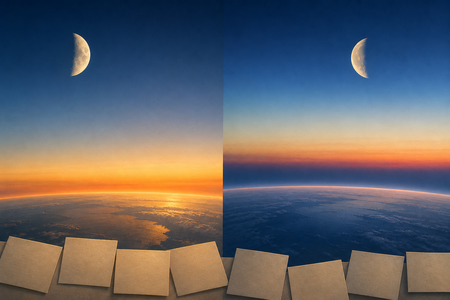 Two neighboring horizon scenes show waxing and waning near-half moons in different sky positions above several blank, unnumbered calendar tiles.