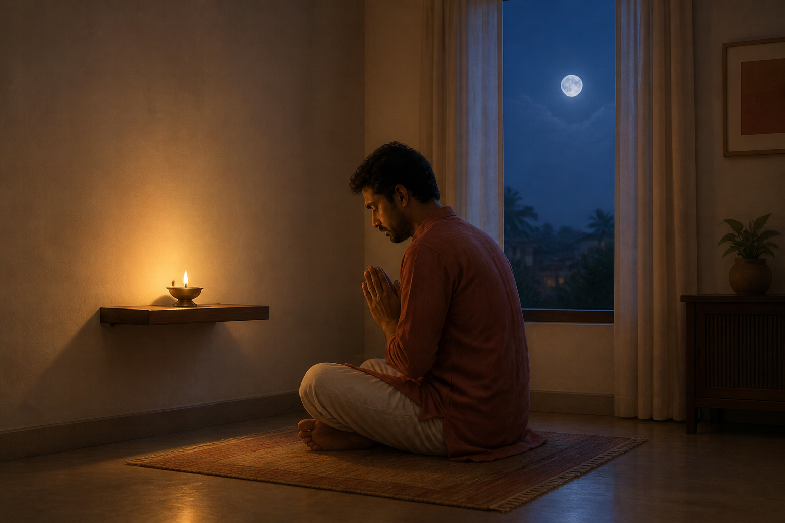 An adult sits with joined hands before a single lit brass lamp in an uncluttered room, while the moon is visible through a window.