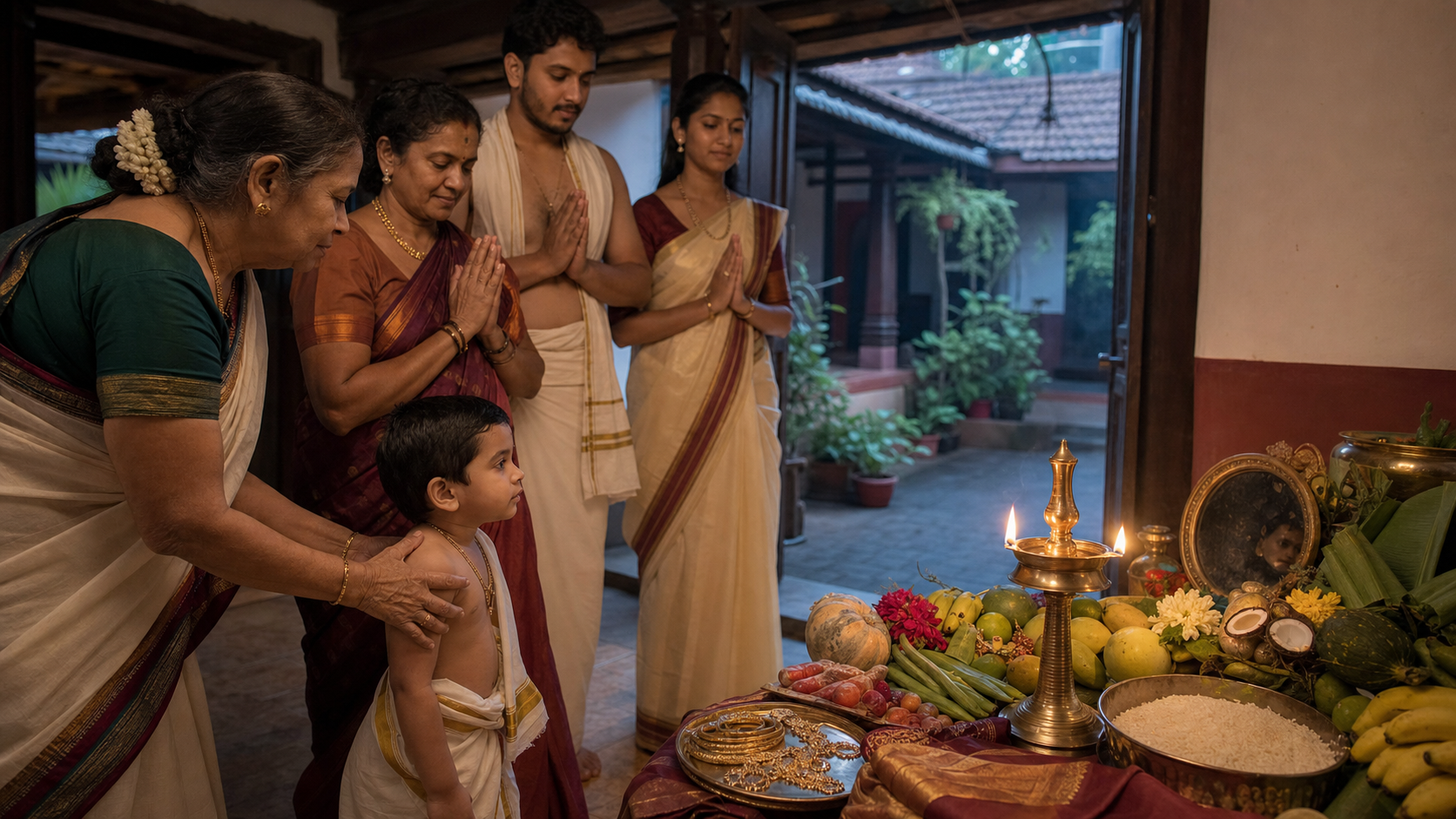 An elder guides a child toward the illuminated Bisu first-sight display as family members wait for morning prayer and blessings.