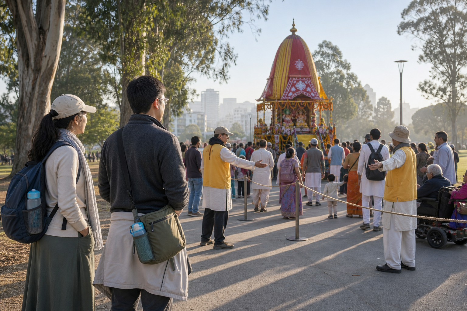 Two first-time visitors observe volunteers and devotees assembling near a chariot and ceremonial rope before the procession begins.