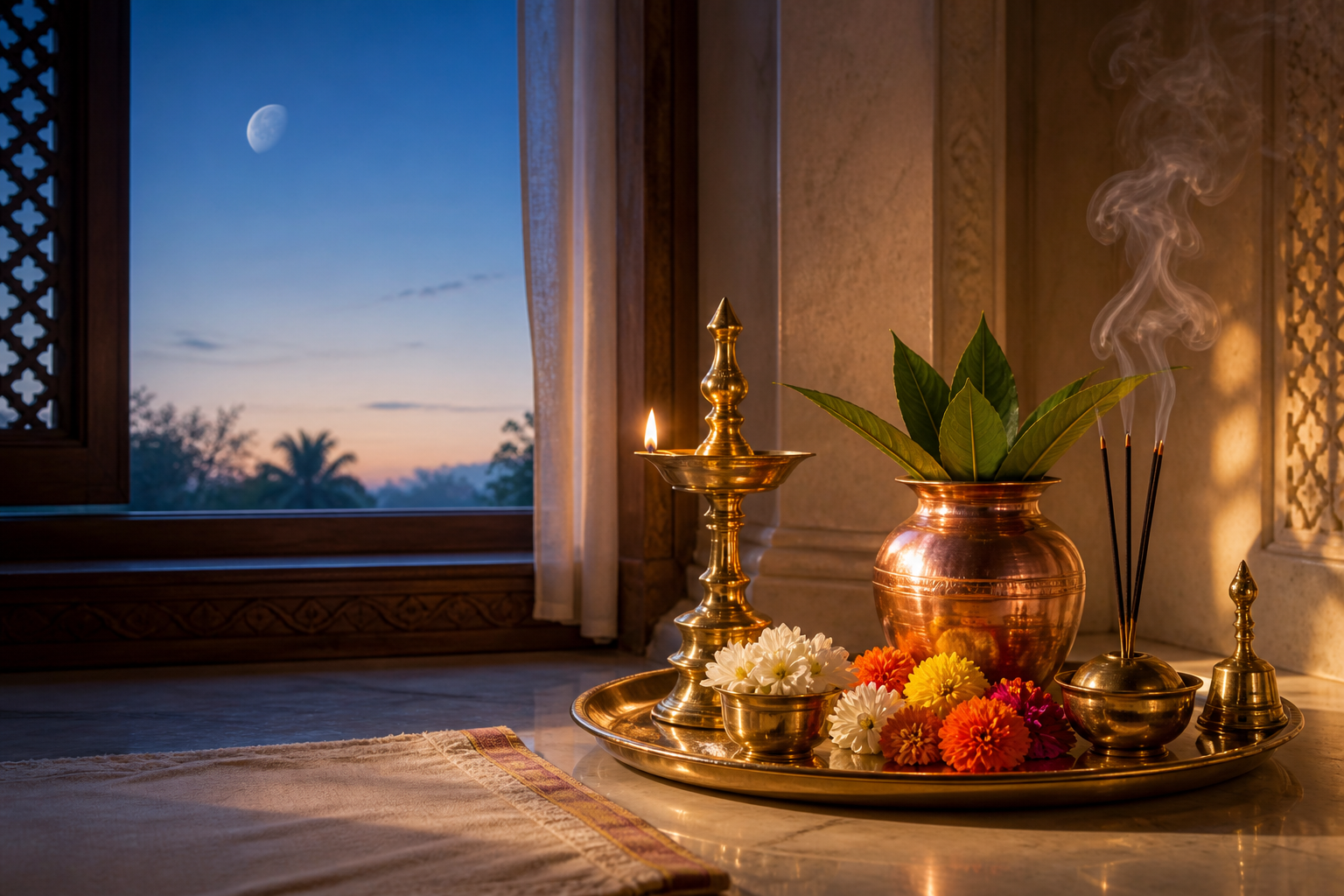 A brass oil lamp, flowers, incense, and a puja tray in a home prayer alcove as cool predawn light changes to warm morning light beneath a faint waning moon.