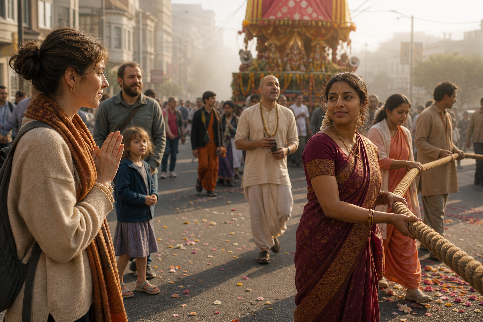 A visitor watches from the edge of a chariot procession with joined palms as devotees walk and pull the ceremonial rope nearby.