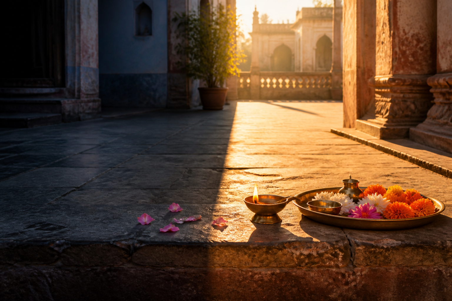 A beam of morning sunlight divides a quiet courtyard into cool shadow and warm light beside a brass lamp and puja tray.