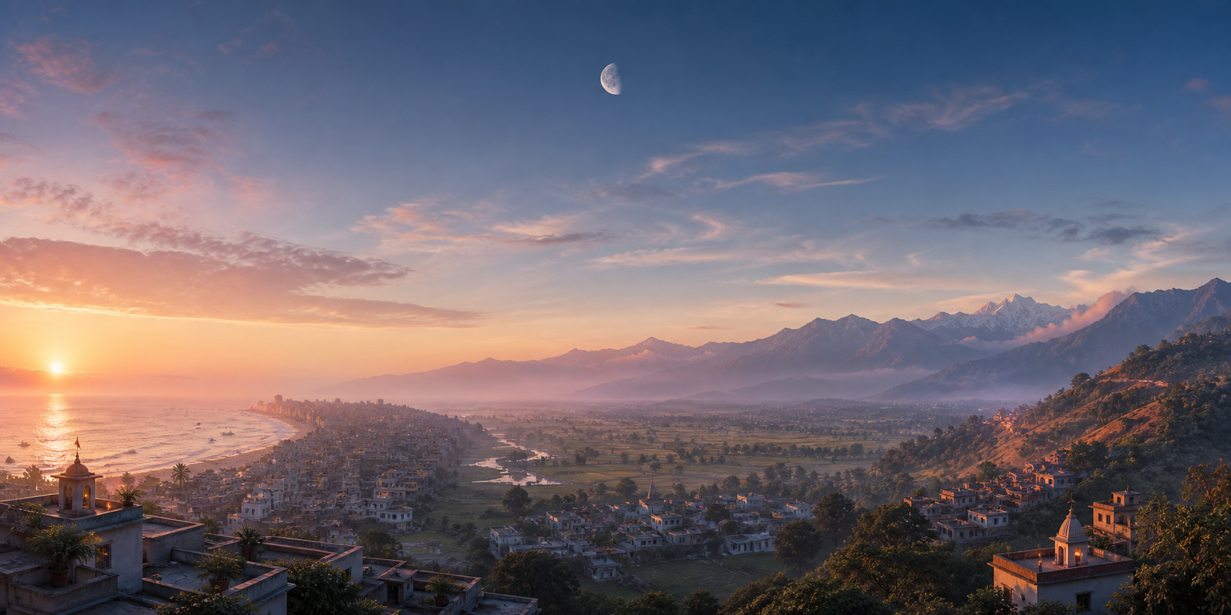 A panoramic dawn view connects coastal, inland, and mountain communities under the same waning moon, with sunlight reaching each landscape differently.