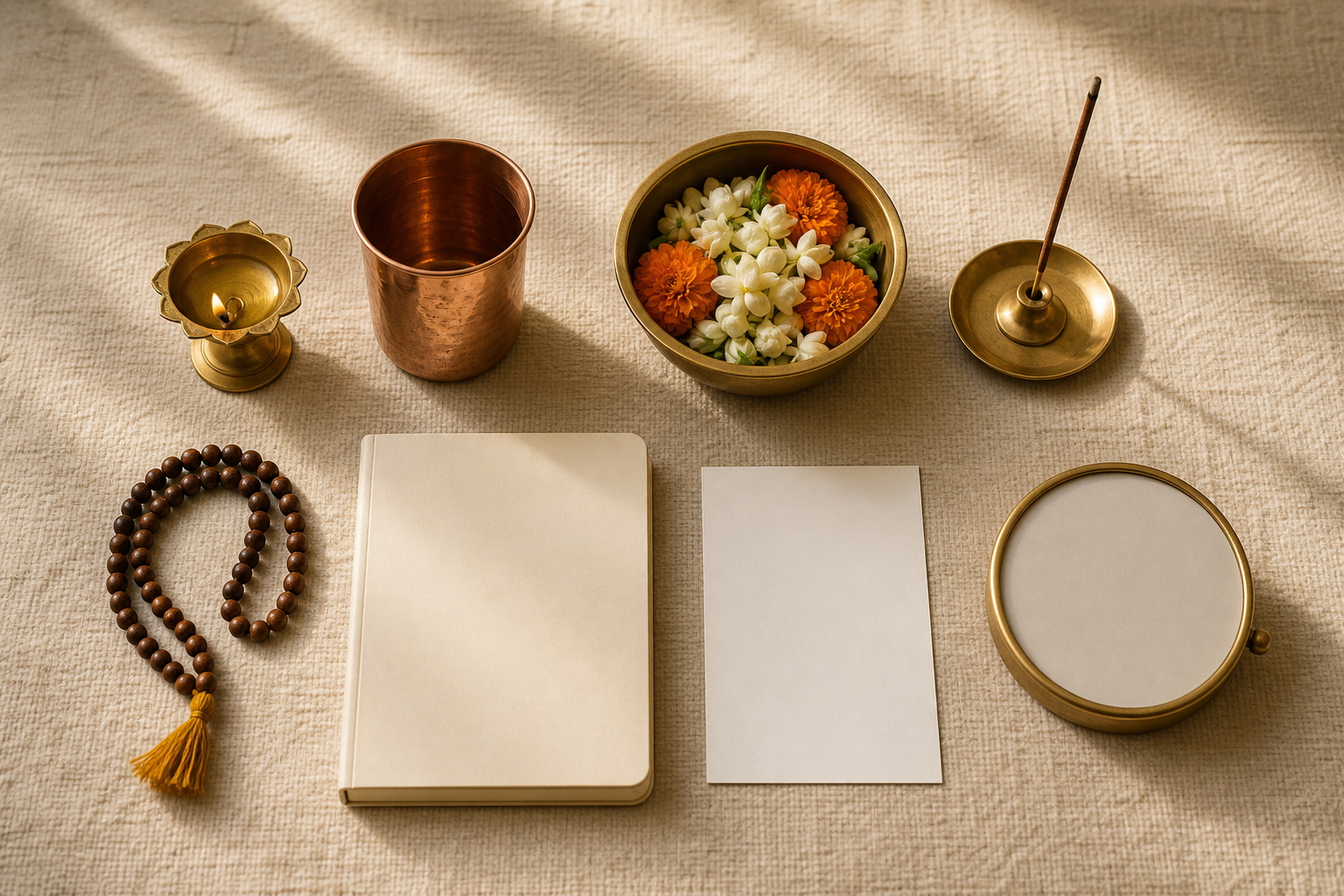 An orderly overhead arrangement of a brass lamp, flowers, incense, prayer beads, copper cup, blank notebook, and unmarked timepiece on a cotton cloth.