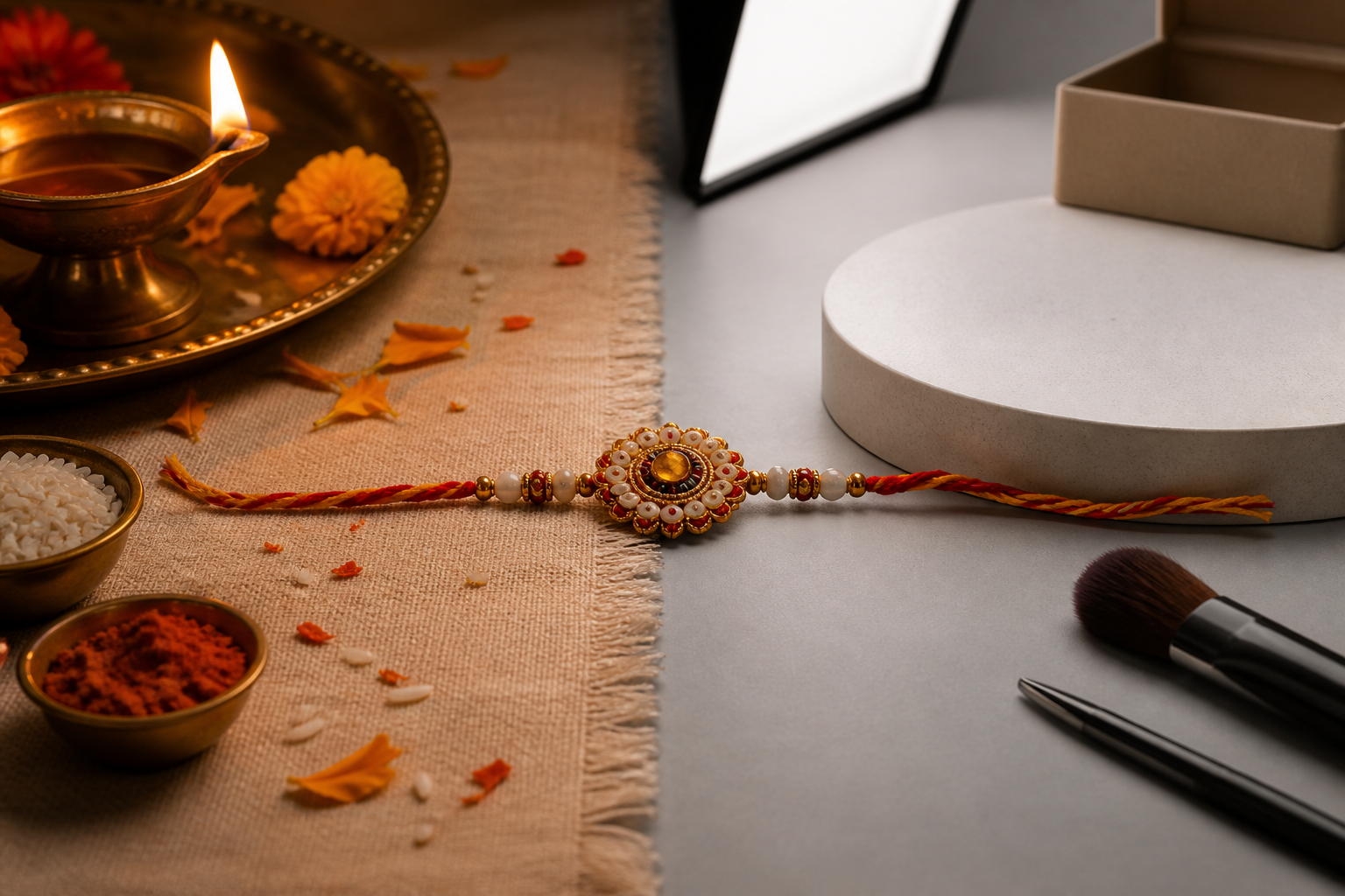 A rakhi lies between a warm ceremonial setting with a diya and ritual tray and a cool advertising studio with a blank product pedestal.