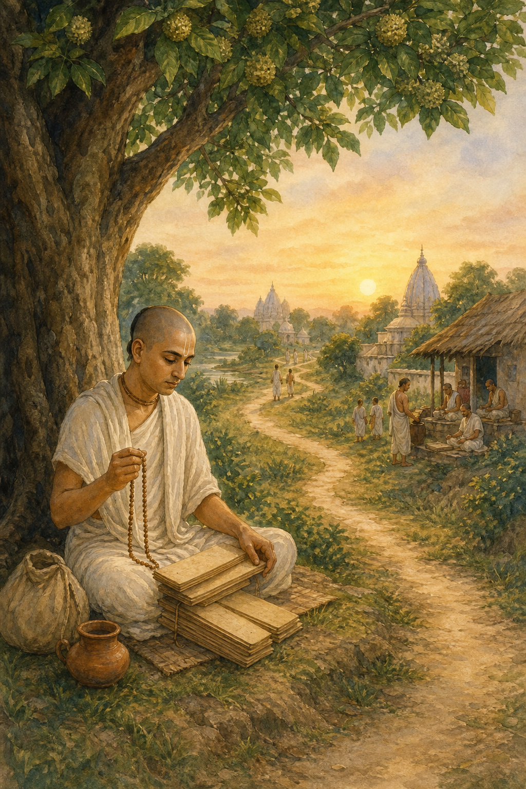 A Vaishnava ascetic-scholar sits beneath a tree with prayer beads and palm-leaf manuscripts as a path winds through the Vraja countryside.