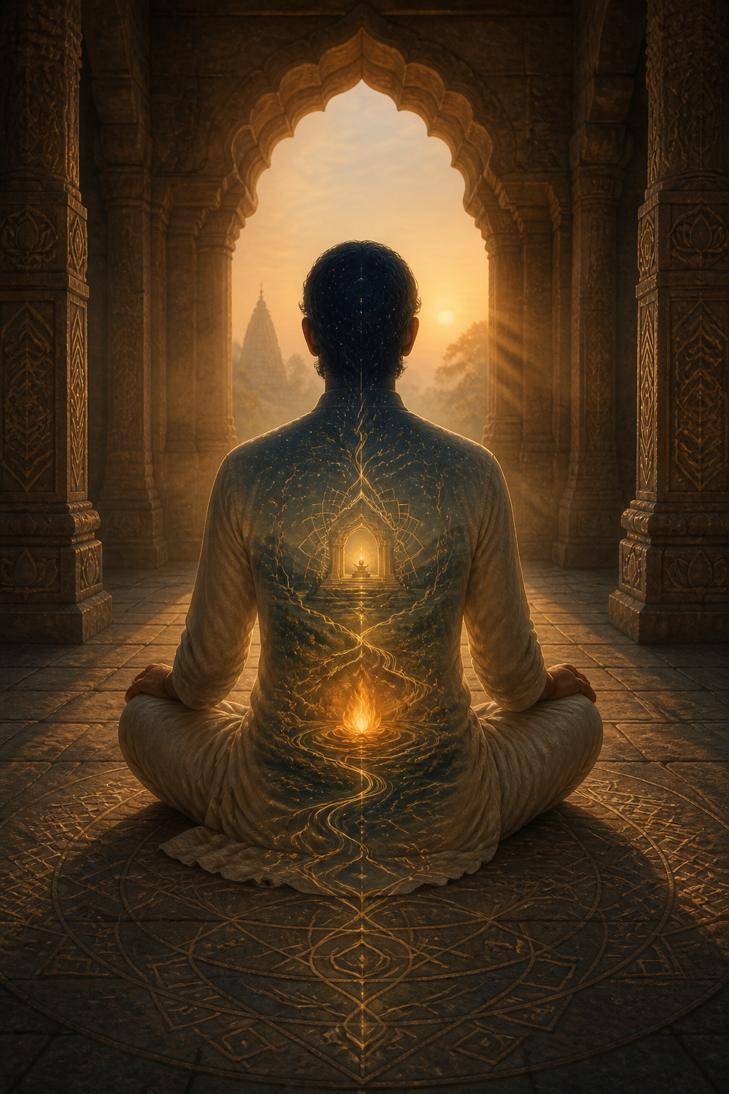 A seated practitioner meditates in a stone temple while a glowing altar, flame, flowing currents, and stars appear within the body.