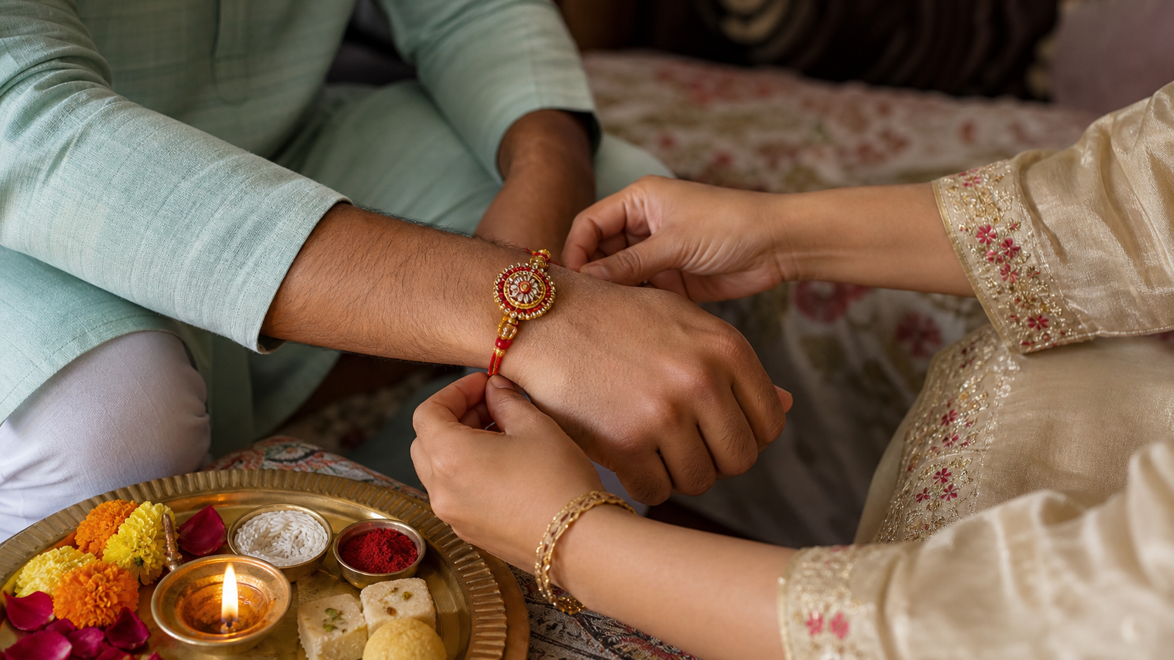 A sister ties a rakhi on her brother's wrist beside a ceremonial tray with a diya, sweets, rice, and flower petals.
