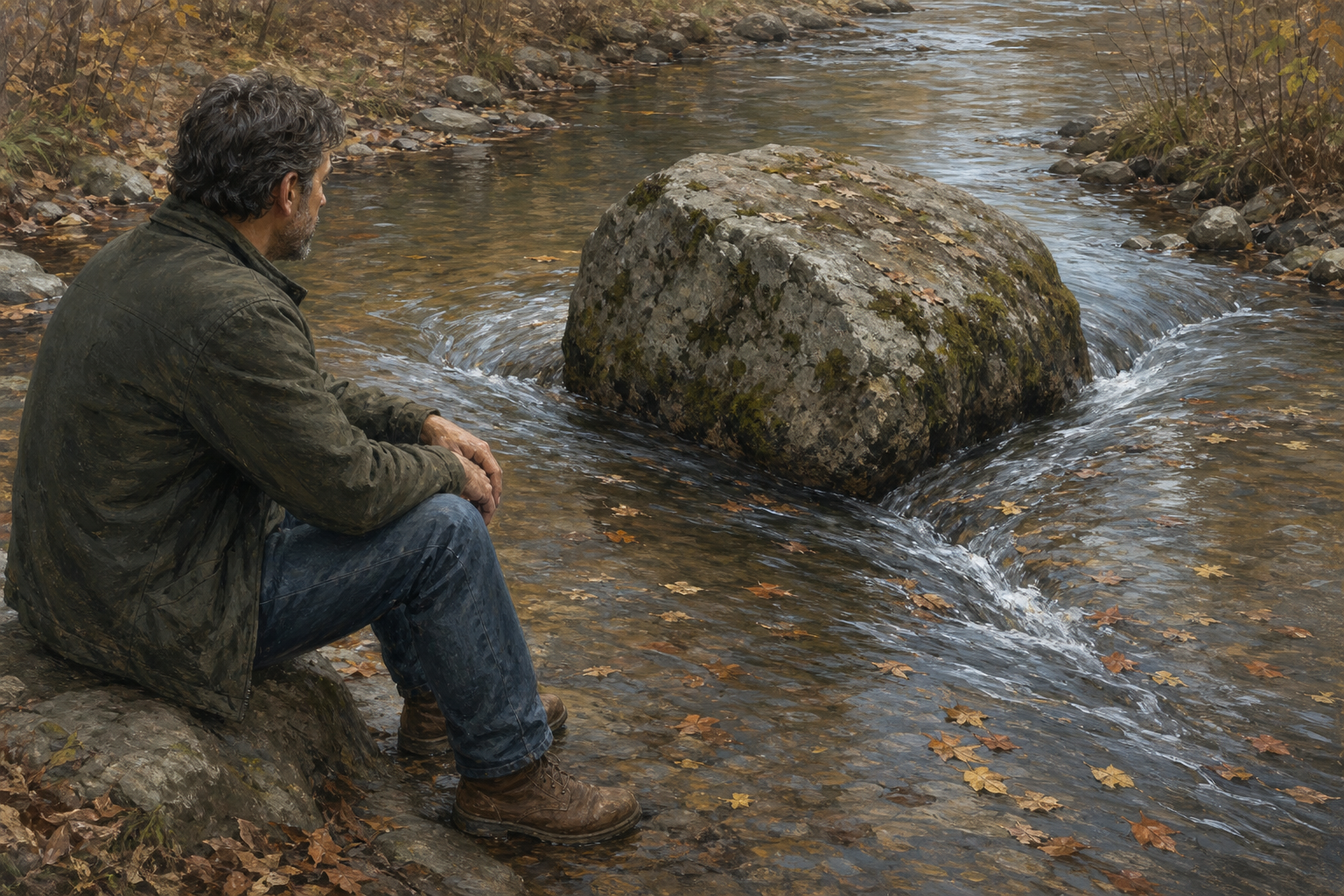 A seated person watches a shallow stream flow around a large weathered stone.