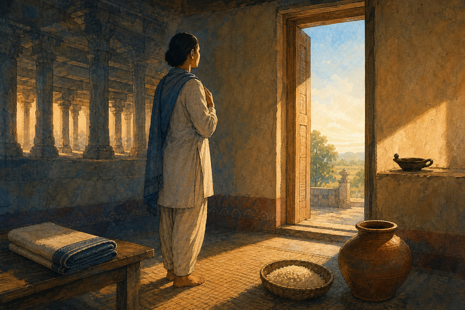 An anonymous practitioner stands attentively in a sunlit home beside a clay vessel, grain bowl, folded cloth, and oil lamp.