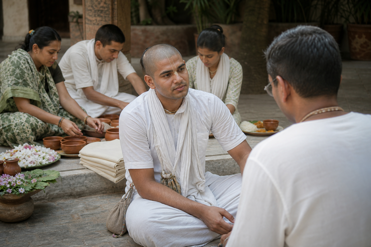 A devotee pauses thoughtfully during communal service while others arrange flowers, bowls, and cloth in a temple courtyard.