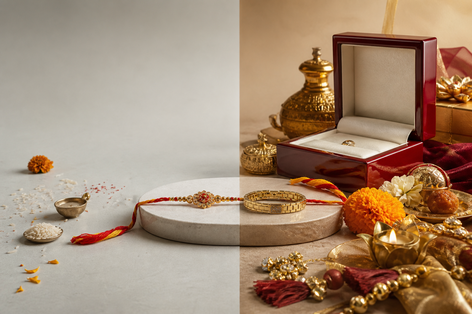 An unbranded jewelry display presents a rakhi between a sparse ritual setting and an oversized luxury gift box that dominates the scene.