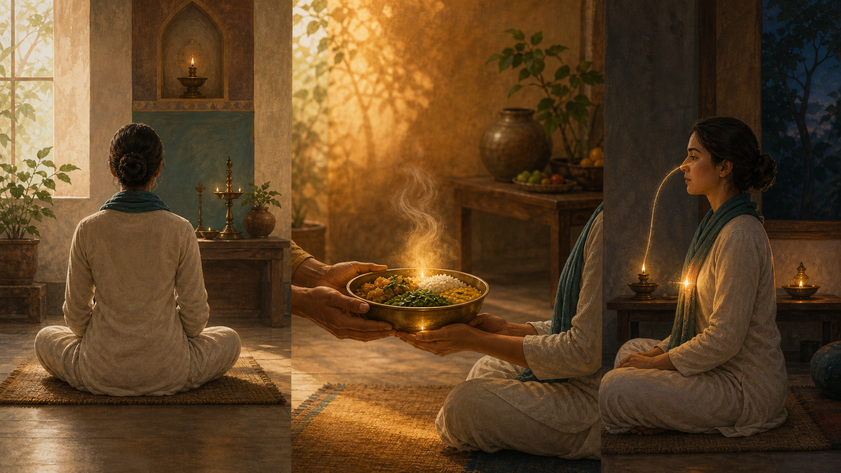 Three connected scenes show a practitioner seated like a temple, offering a simple meal, and attending calmly to the breath beside a lamp.