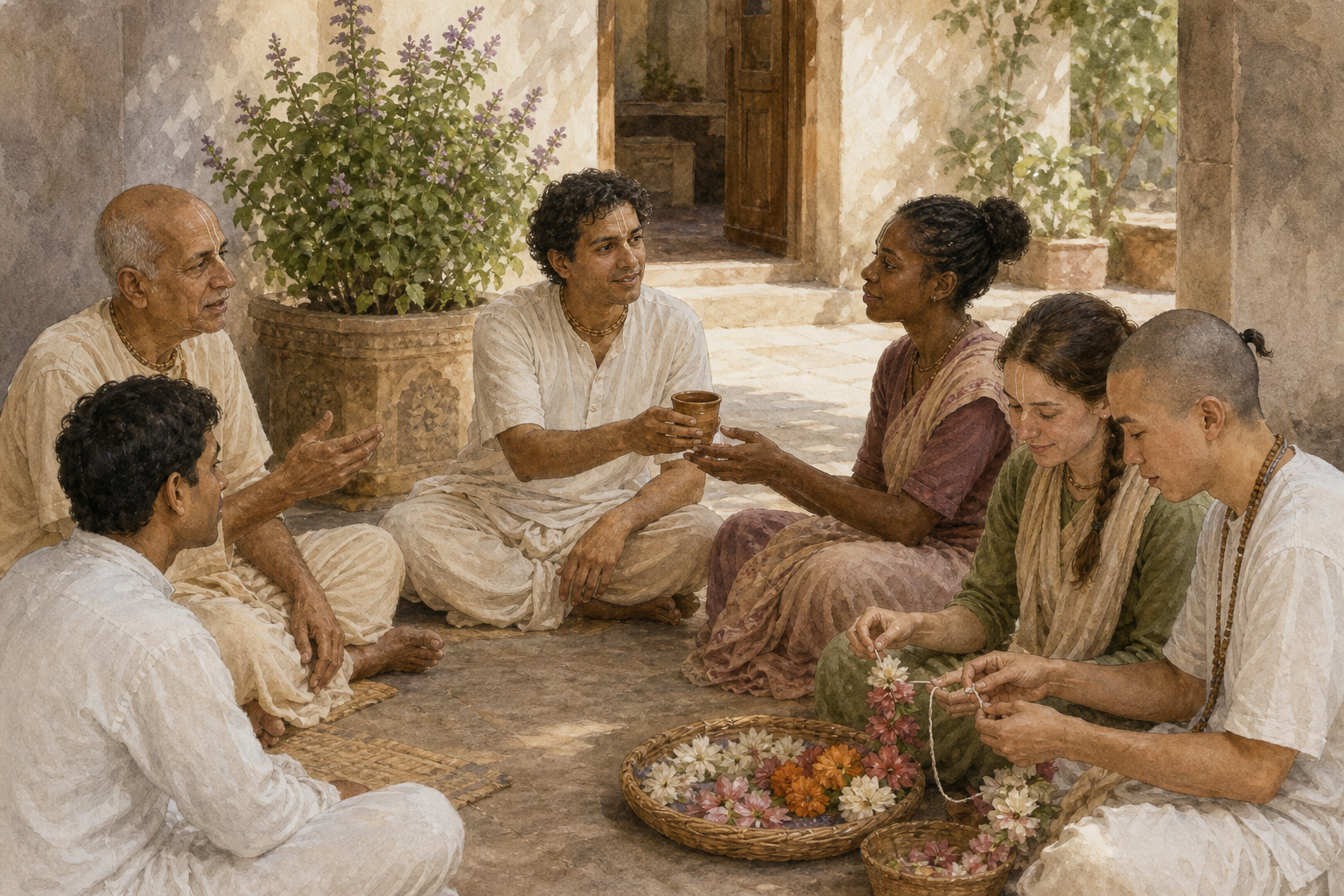 Vaishnava practitioners listen, offer water, and prepare flower garlands together in a shaded courtyard.