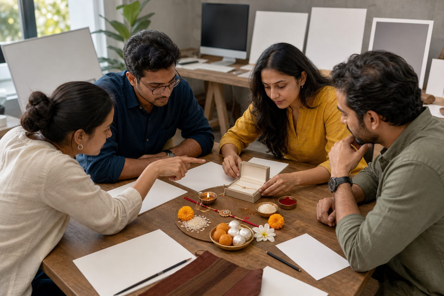 An advertising team reviews a Raksha Bandhan tabletop scene with a rakhi, ceremonial objects, and an unbranded jewelry box.