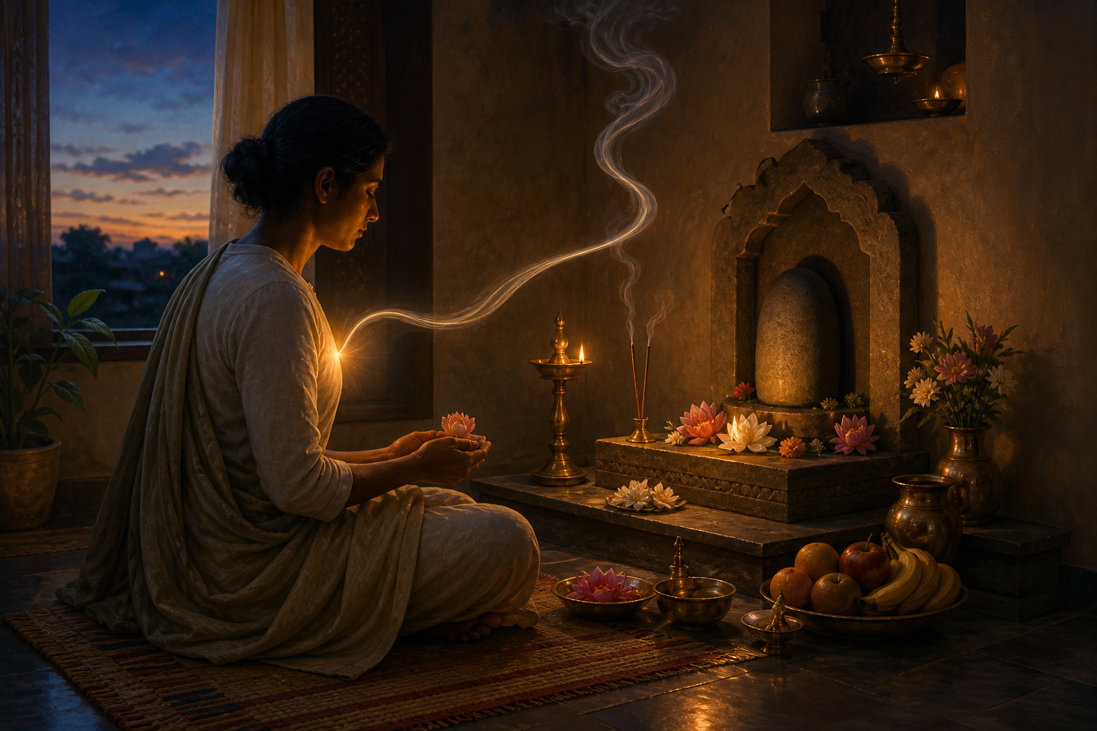 A practitioner performs puja at a home shrine as an oil lamp aligns with a subtle glow at the heart and incense rises nearby.