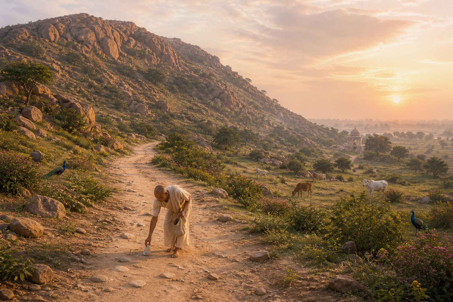 A barefoot pilgrim collects litter while walking beside Govardhan Hill at sunrise, with cows and peacocks in the surrounding landscape.