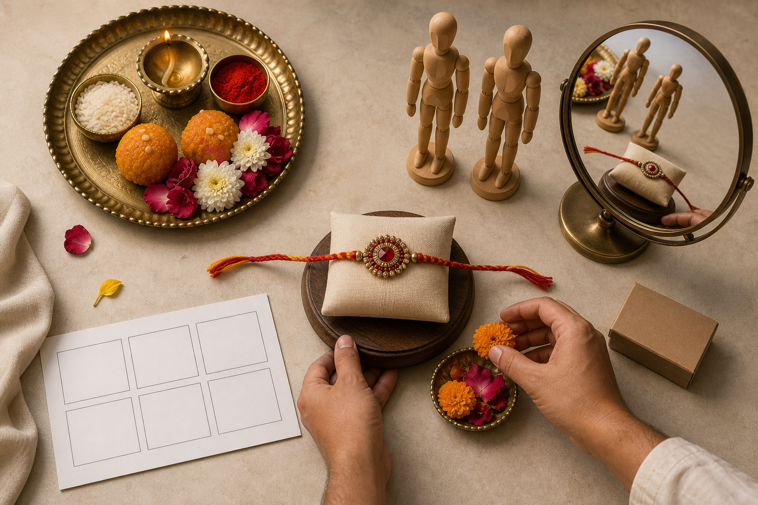 A pair of hands reviews a tabletop advertising setup with a central rakhi, ritual tray, sibling figures, blank storyboard frames, and a small product box.