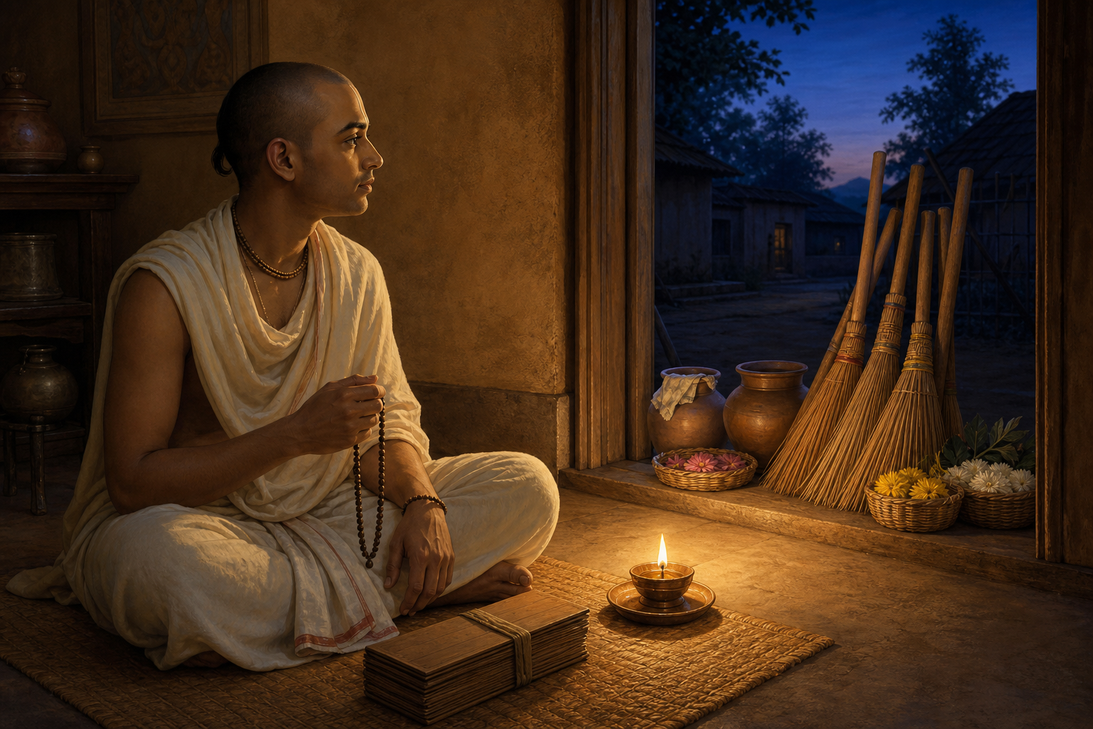 A devotee chants with prayer beads beside a closed manuscript while brooms, water pots, and flower baskets wait near an open doorway.