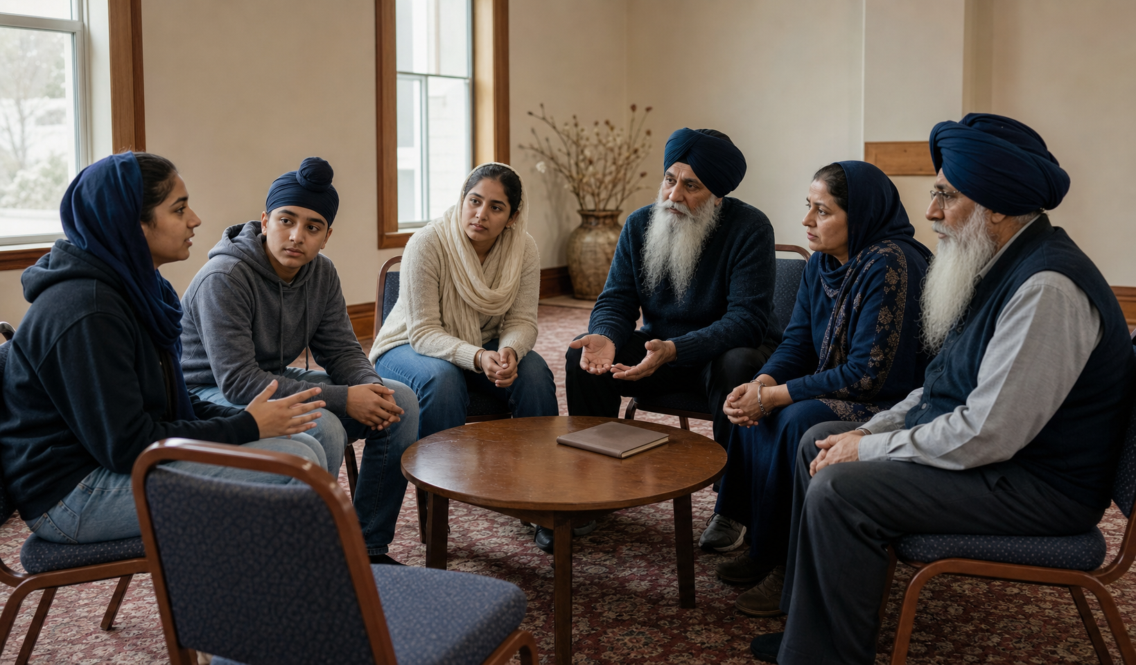 Sikh teenagers and a young adult speak while older community volunteers listen during a small gurdwara discussion circle.