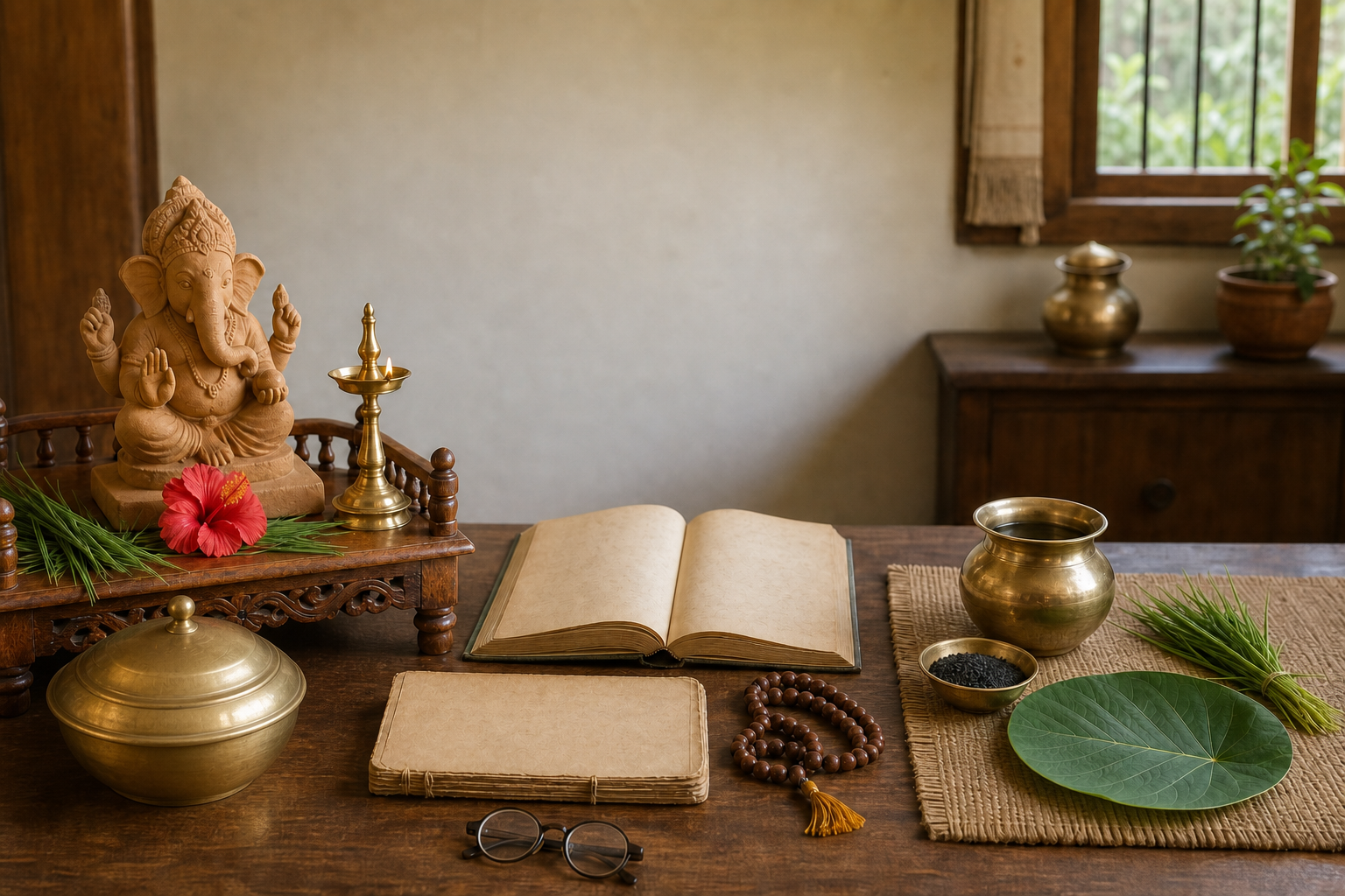 A home observance arrangement with a clay Ganesha murti, devotional study materials, and separate vessels for ancestor offerings.