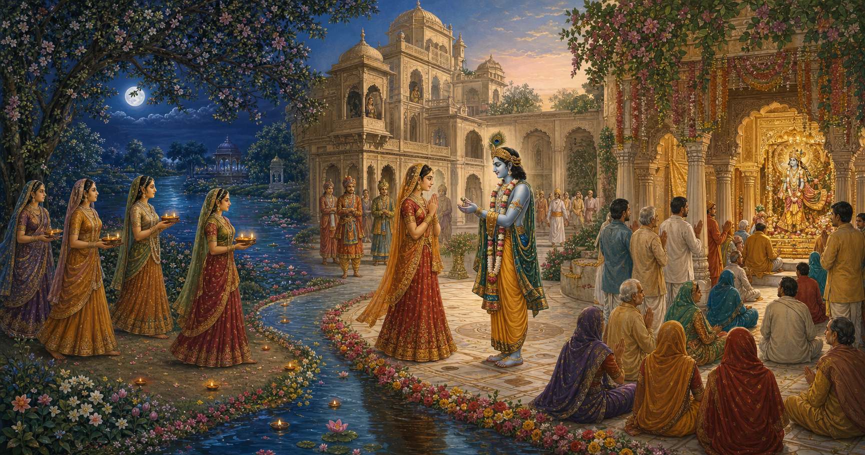 A panoramic devotional illustration shows gopis in a moonlit grove, Rukmini praying in a royal courtyard, and families gathered for darshan at a Krishna temple.