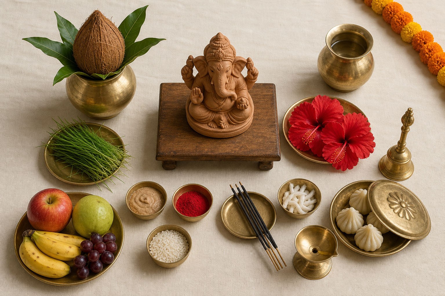 Ganesh Chaturthi puja materials are arranged around a small clay Ganesha murti on a wooden platform.