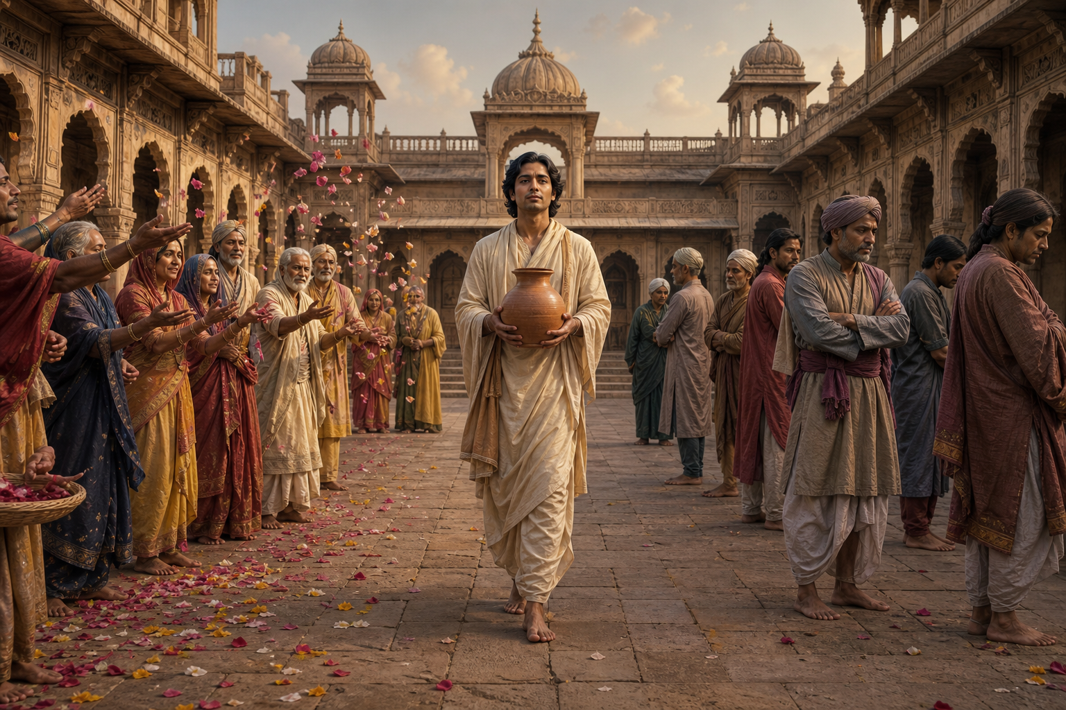 A calm Indian seeker carrying a clay vessel walks between welcoming figures on one side and disapproving figures on the other in an ancient courtyard.