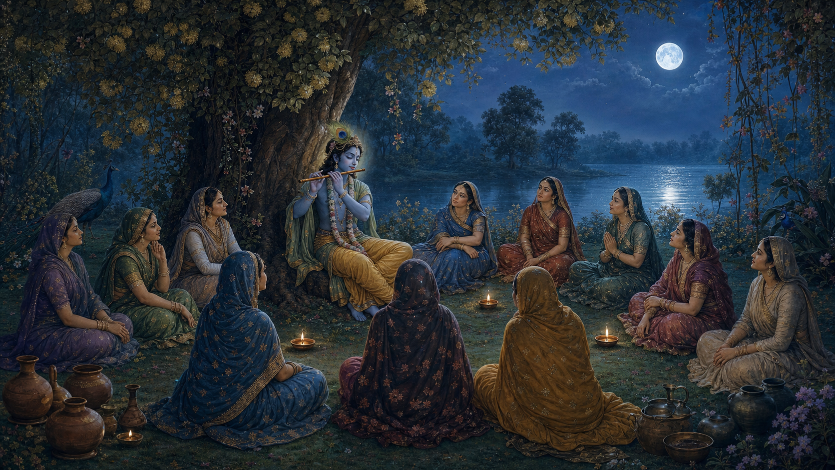 Adult gopis gather attentively around Krishna playing the flute beneath a flowering tree beside the moonlit Yamuna.