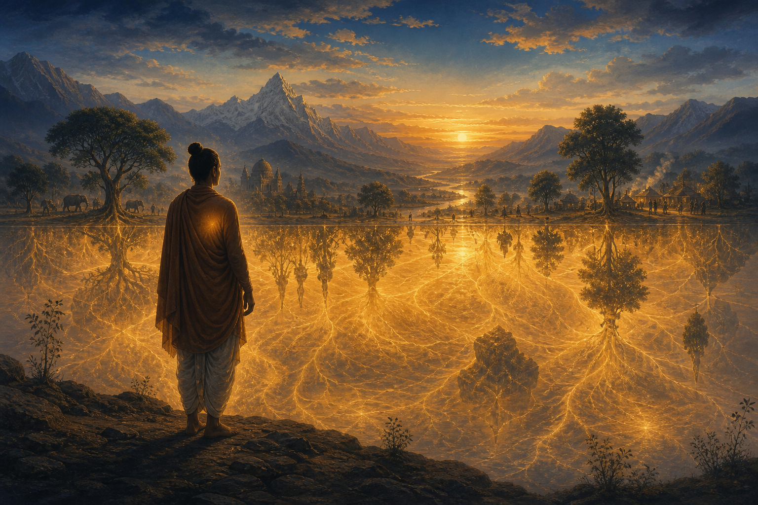 A contemplative figure overlooks mountains, a river, trees, and people whose roots and reflections merge into one luminous field beneath the landscape.