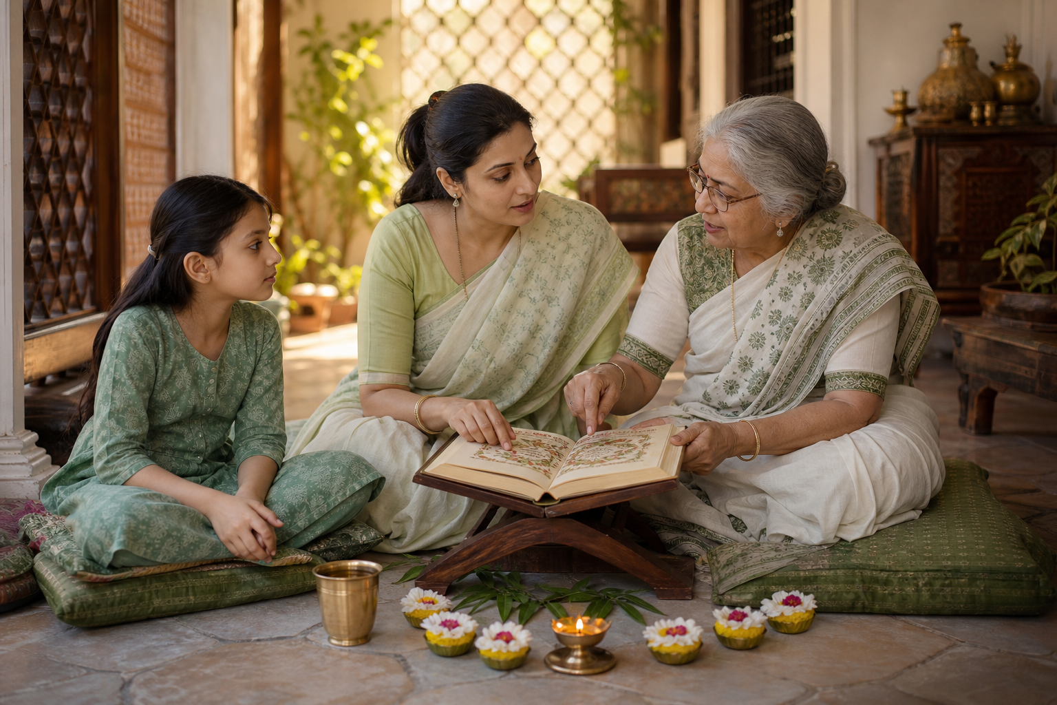 A grandmother, adult daughter and young girl study a devotional manuscript beside seven small flower offerings.