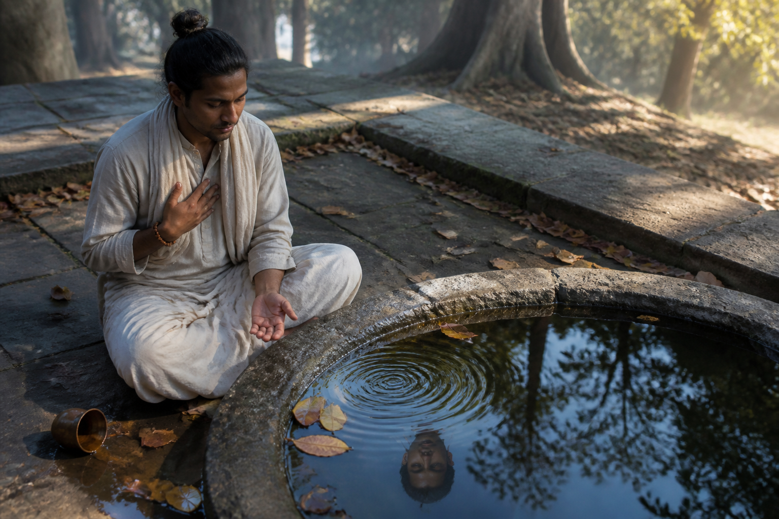 A seated practitioner calmly watches ripples settle in a shallow stone basin, with one hand on the chest and an overturned cup nearby.