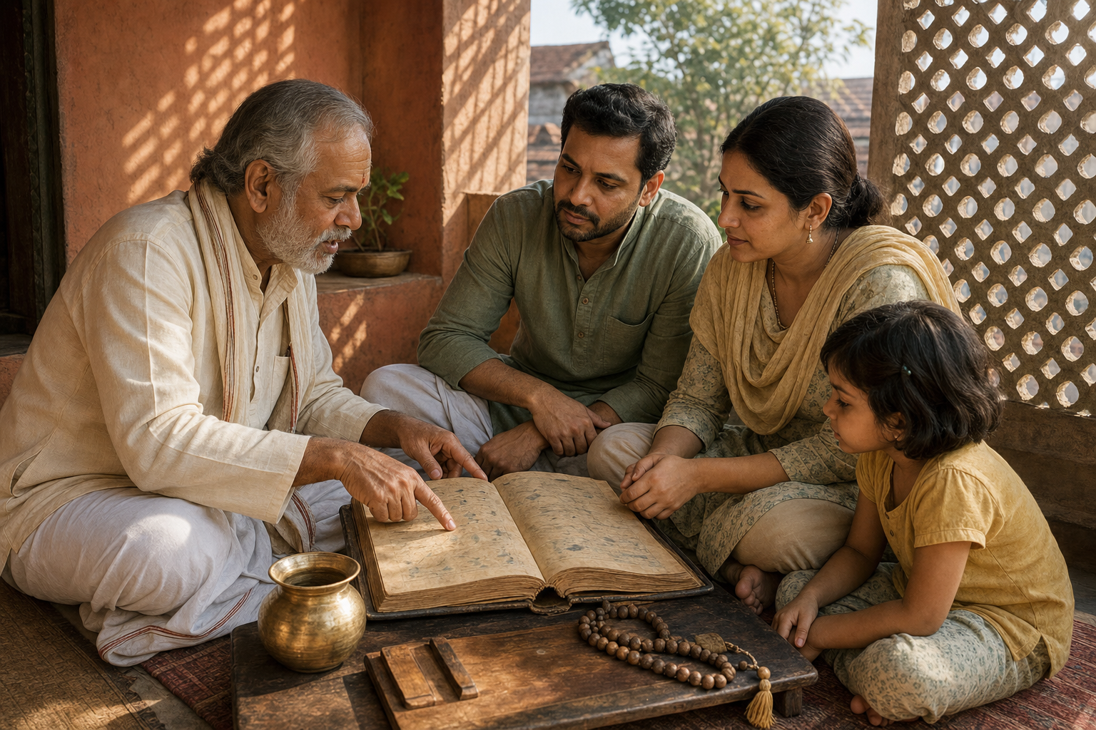 A family listens as a local calendar specialist examines an open traditional almanac on a shaded veranda.