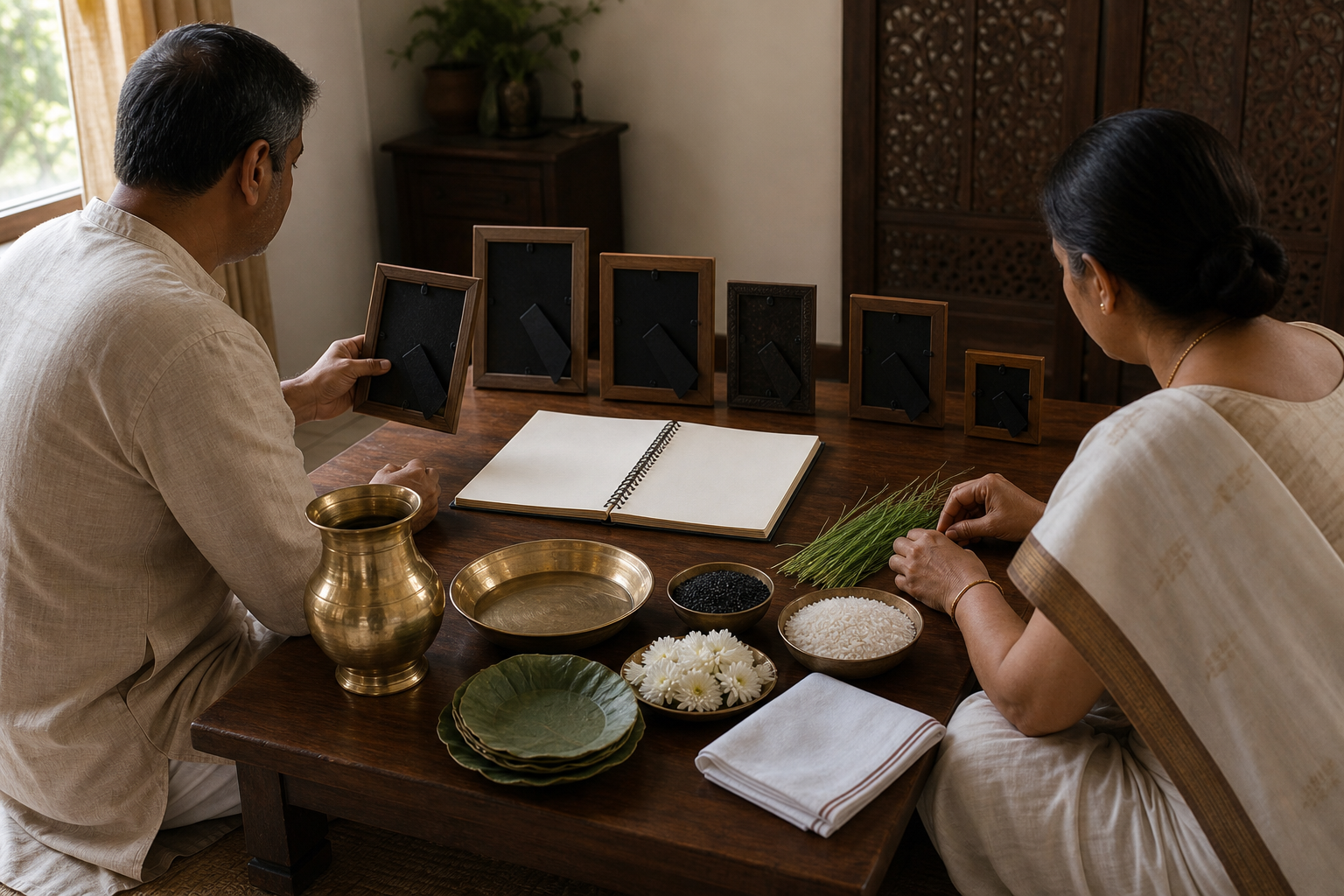 Two family members organize portrait frames, a lineage notebook and ritual materials in preparation for Pitru Paksha.