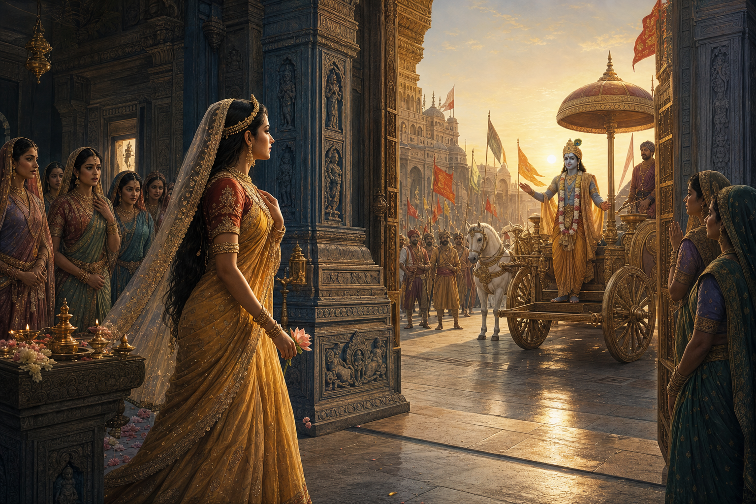 Rukmini leaves a royal temple courtyard and moves toward Krishna's waiting chariot as attendants and distant courtiers look on.