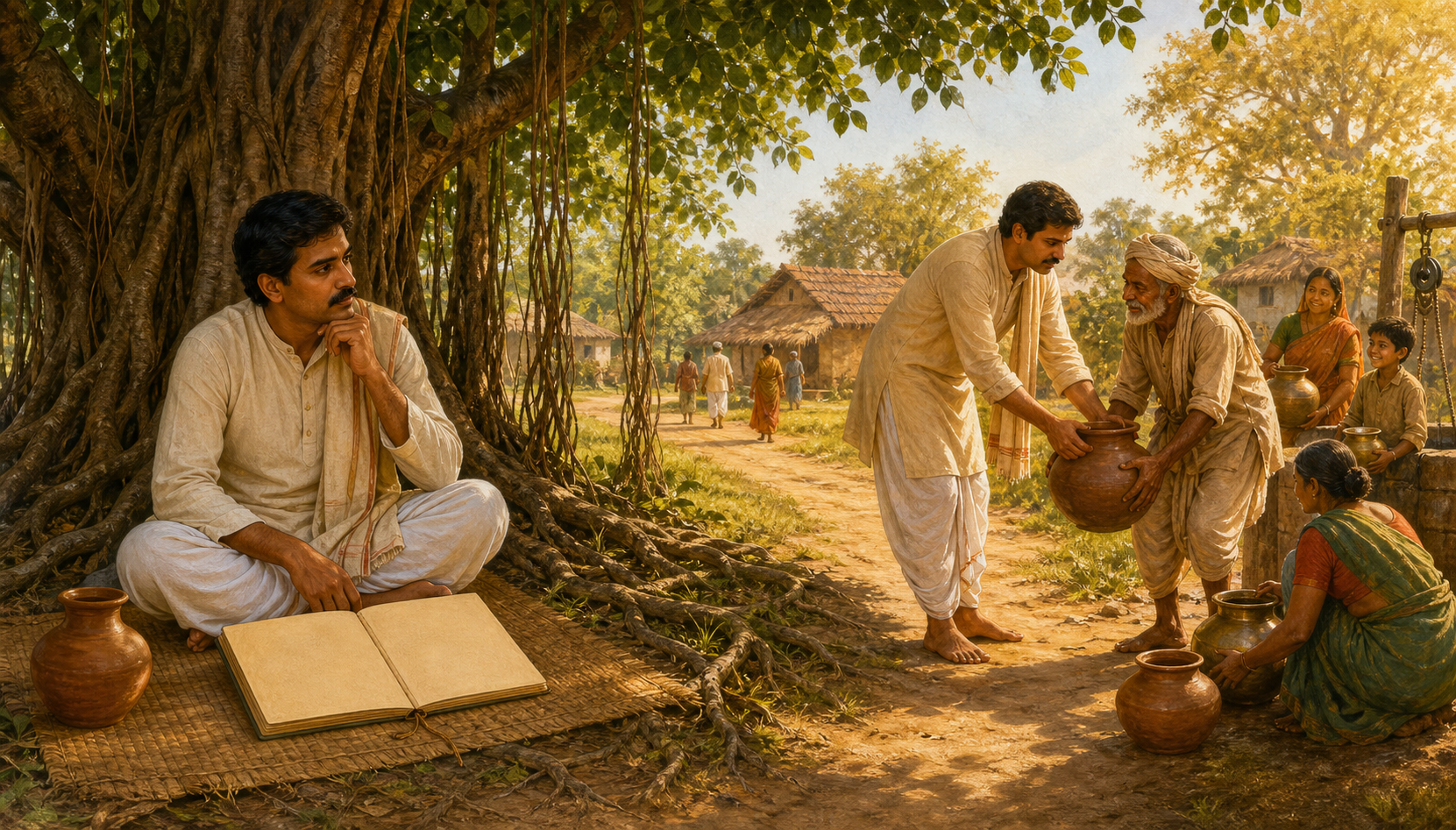 A householder reflects beneath a banyan tree and then helps an elderly traveler with a water pot along a sunlit village path.