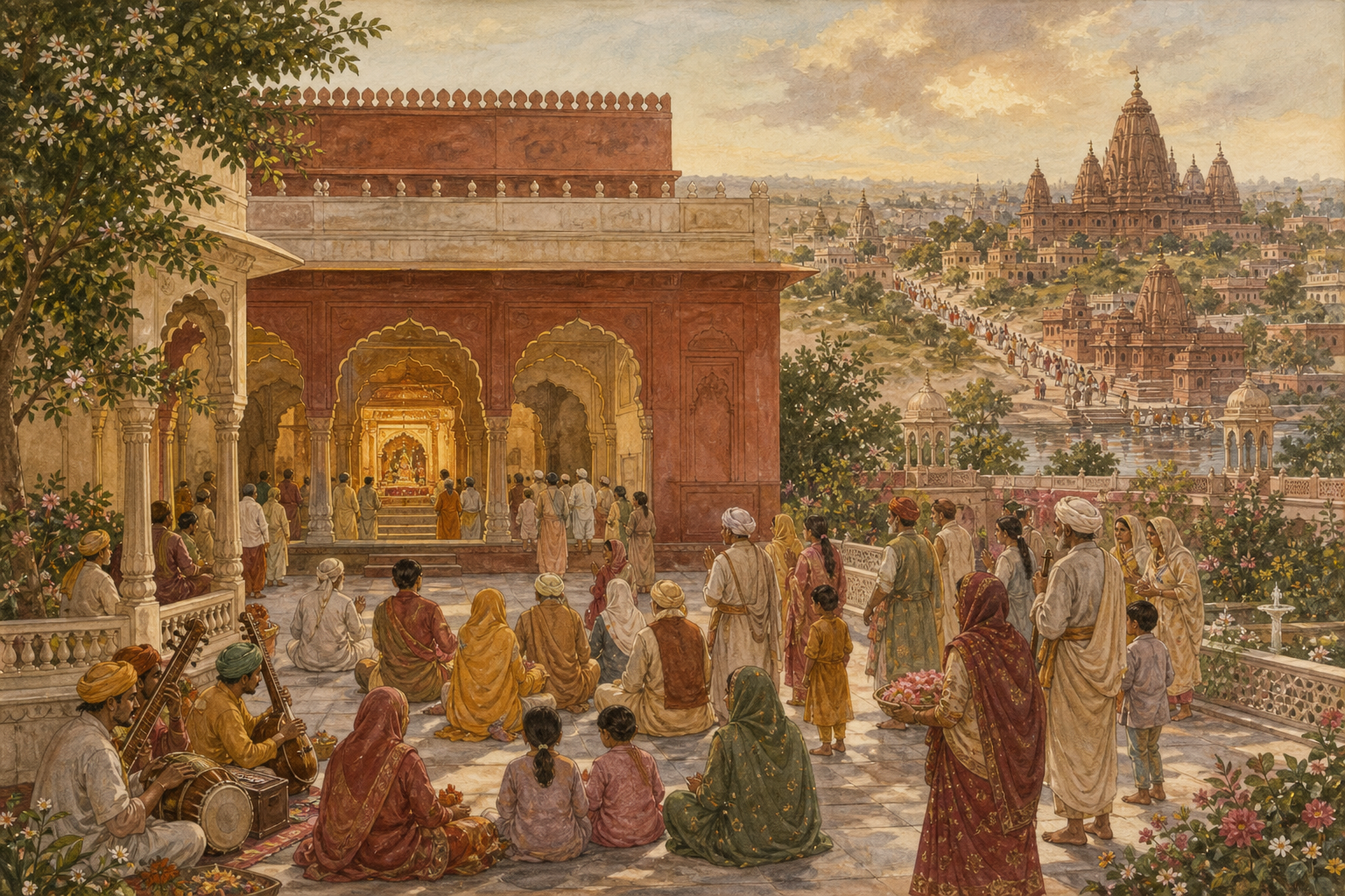 Devotees of several generations gather in a Jaipur temple courtyard for darshan, with red-sandstone Vrindavan-style temple architecture appearing in the distance.