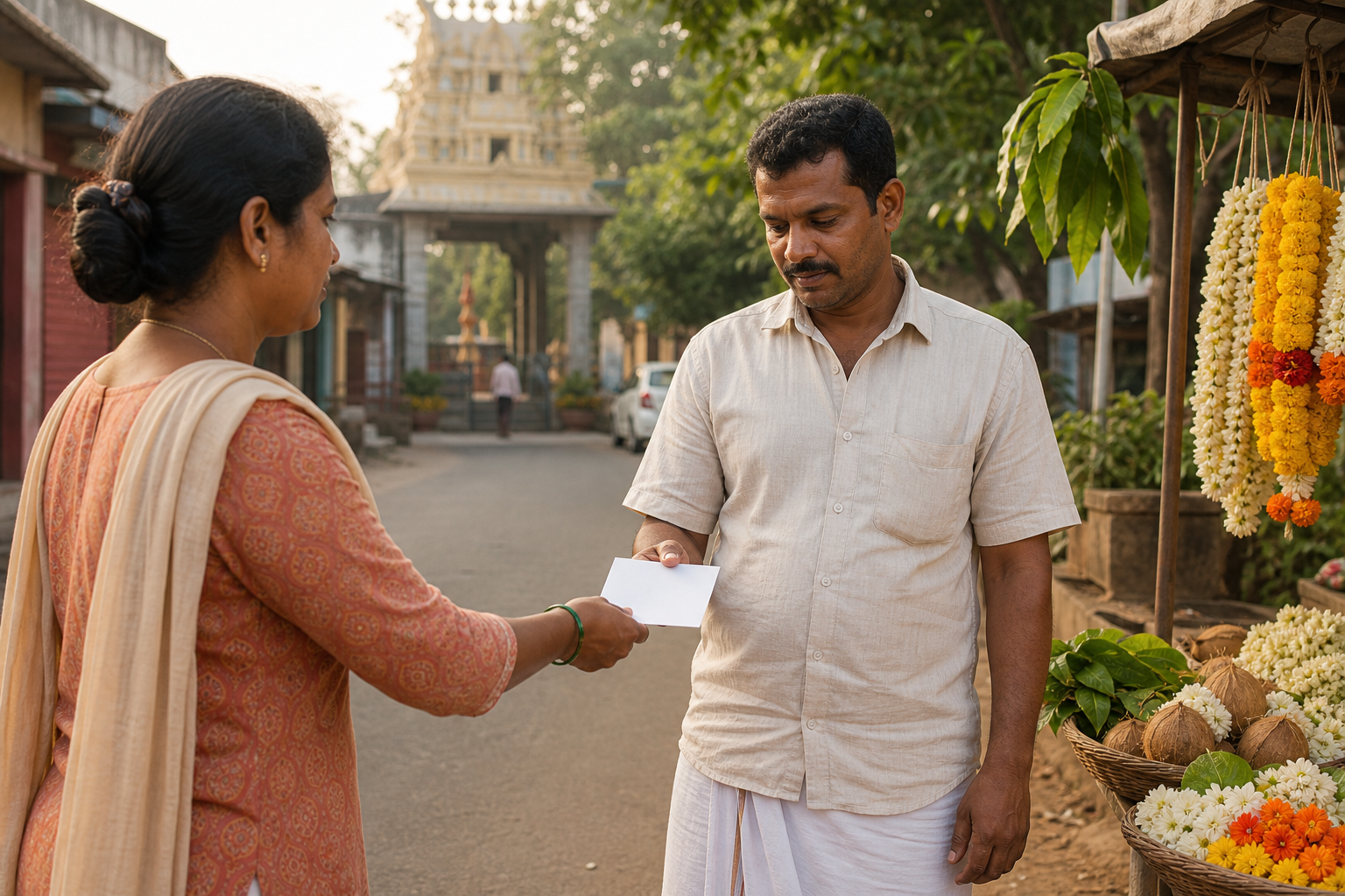 A person calmly examines an unmarked pamphlet during a street encounter near a flower stall in Hosur.
