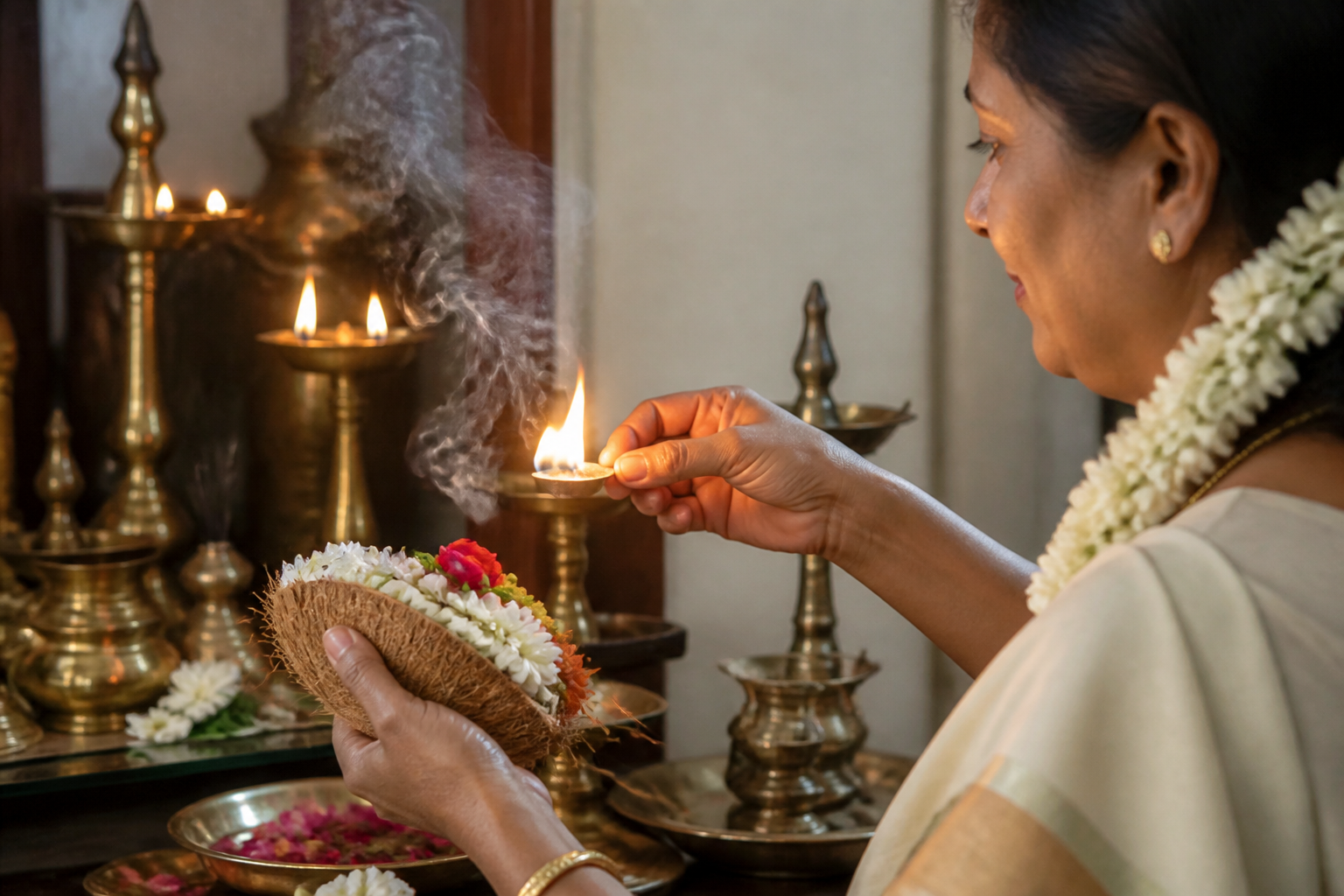 Hands present a coconut and flowers beside a camphor flame as jasmine and sambrani smoke accompany home worship.