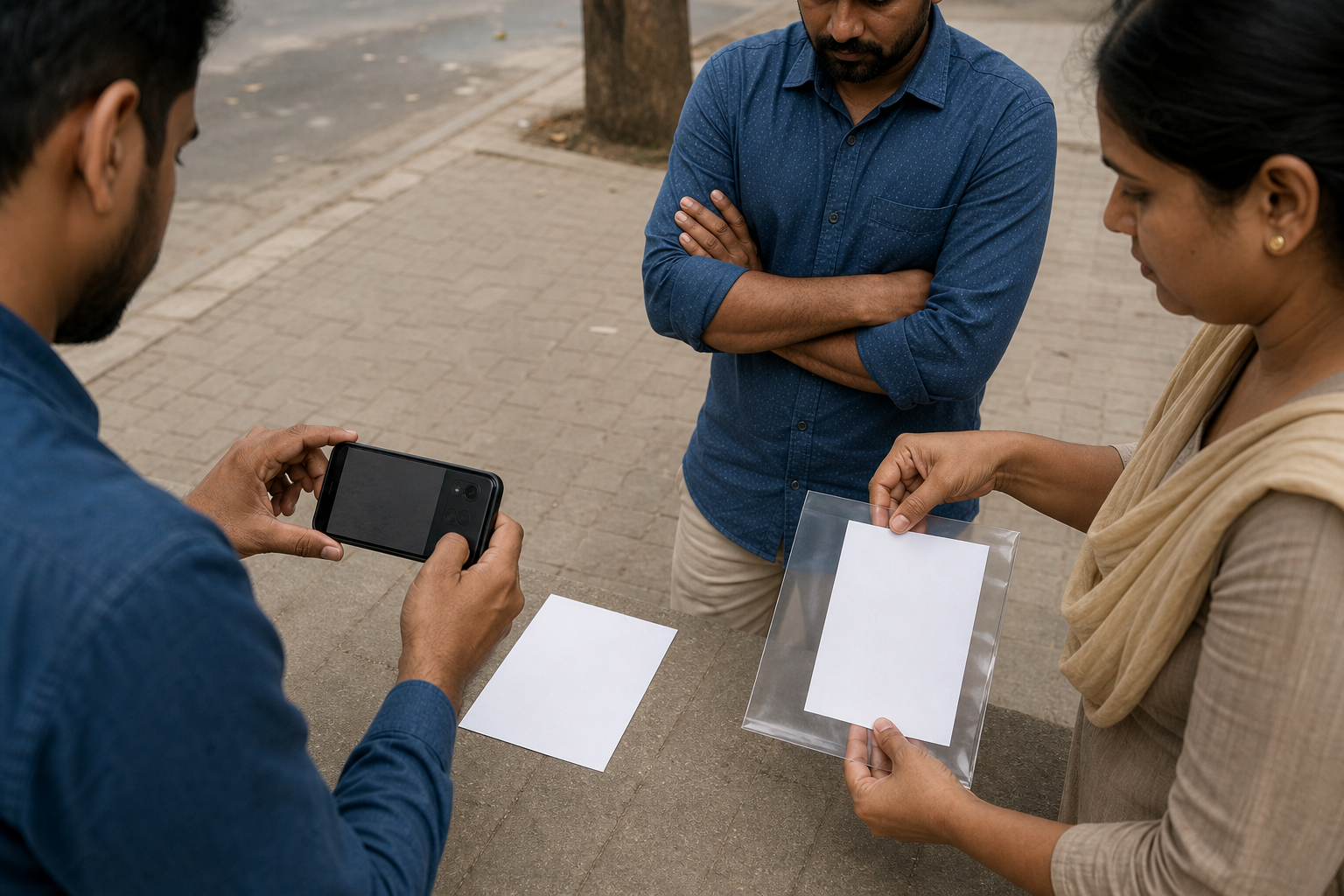 Adults calmly photograph an unmarked leaflet and preserve another copy in a clear sleeve on a Hosur street.