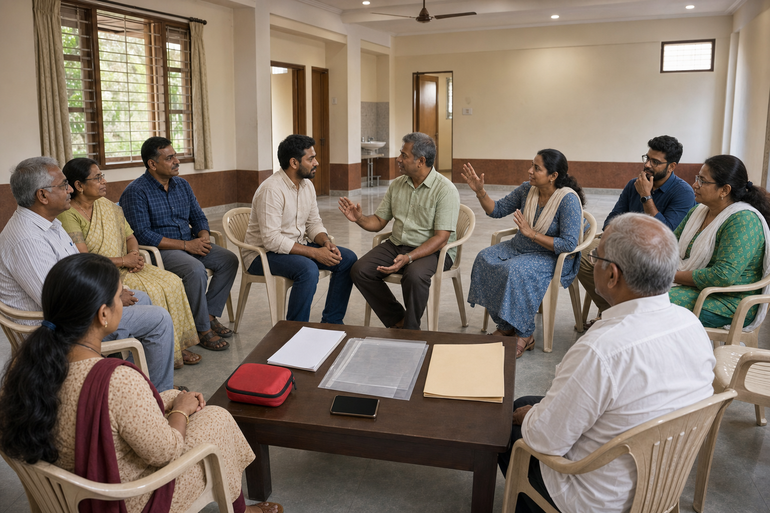 An intergenerational community group in Hosur practices a calm response procedure around a table of evidence-preservation supplies.