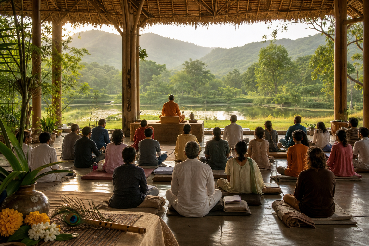 Listeners sit in an open eco-village pavilion during a devotional discourse, with greenery, flowers, a flute, and a peacock feather nearby.